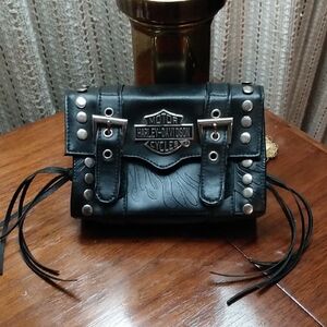 Harley-Davidson Black Leather Bag with Silver Accents 6 1/4" X 4 1/4" X 2 1/4"
